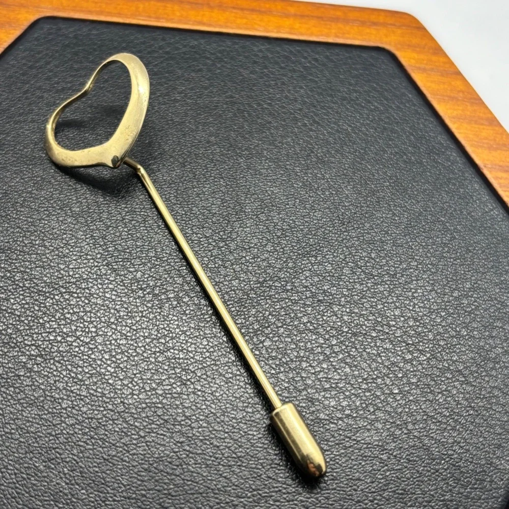 Gold Tone Open Heart Stick Pin Minimalist Lapel Scarf Tie Pin Accessory
